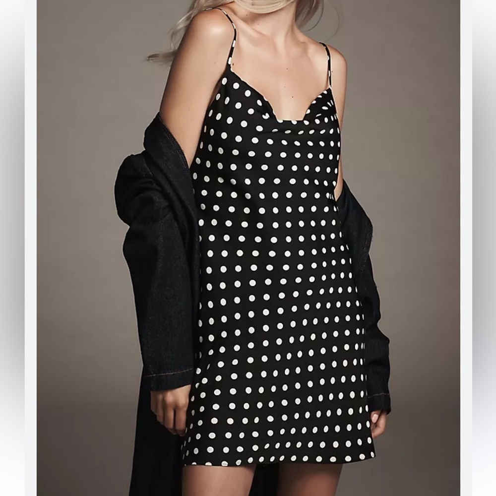Anthropologie Cowl-Neck Slip Mini Dress Black White Polka Dot | NWT | XS Petite